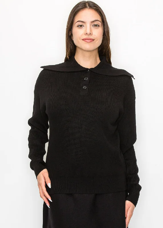 Plus-Size Flannel SweatersRibbed Knit Sweater with Statement Collar