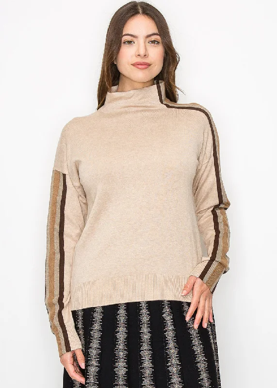 Chunky SweatersStriped Sleeve Mock Neck Pullover