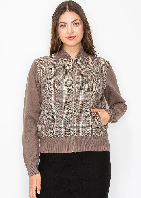 Extra-Large Knitted Crewneck SweatersTaupe Plaid Panel Zip-Up Cardigan