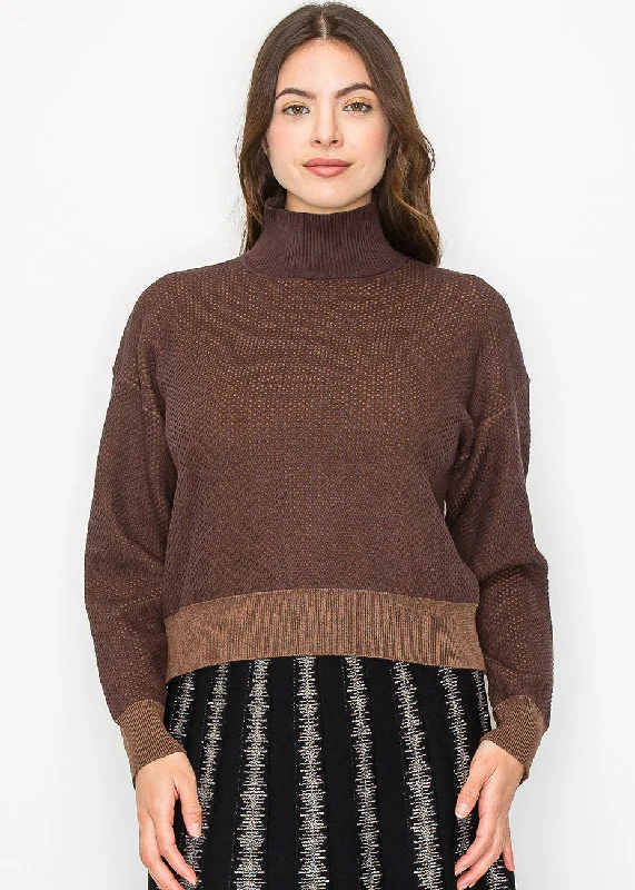 Elegant Hooded Cashmere SweatersTextured Brown High Neck Sweater